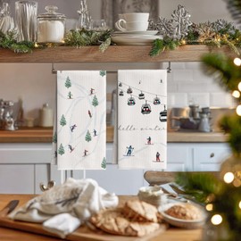 Artoid Mode Bäume Skiläufer Seilbahn Weihnachten Bar Küchentücher Geschirrtücher, 42x65 cm Mikrofaser Saugfähig Küchen Reinigung Deko 2er Set