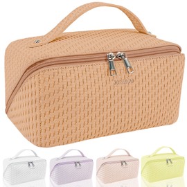 Noelen Gad Bolsa de maquillaje de viaje de gran capacidad para mujer, bolsa de cosméticos portátil, bolsa de cosméticos de piel sintético impermeable, bolsa de maquillaje de viaje con asa y divisor organizador de maquillaje de fácil acceso., Marrón claro