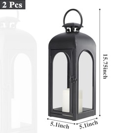 2 Pack 16 Inches Metal and Stainless Steel Glass Decorative Lantern with Electronic Wax Effect - Indoor/Outdoor Decorative Lighting, Handcrafted Aesthetic, Perfect for Home, Parties, and Holiday Decor