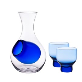 Urban Tokyo Japanese Cold Sake Wine 3 Piece Set Include Glass Decanter Sake Bottle with Ice Cavity Pocket and 2 Cups For Home or Restaurant Use (Blue Pocket)