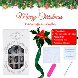 TULOBI Christmas Press on Nails Medium Square Fake Nails Glossy Black Winter Acrylic Nails Full Cover False Nails with Snowflake Design Glue on Nails for Women 24pcs