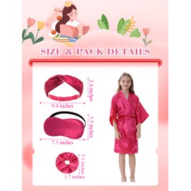 IVRRISS Kid Girls Spa Costume Party Set with Eyemask Hairband Hair Ring, Silky Plain Kimono Robes for Wedding Flower Robe (Rose, Tag 14)