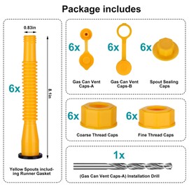 Gas Can Spout Replacement, Gas Can Nozzle, Fuel Can Spout, Upgraded (6Kit-Yellow) with Gas Can Caps, Spout Sealing Caps, Gas Can Vent Caps, Flexible Pour Nozzle Suitable for Most 1/2/5/10 Gal Oil Cans