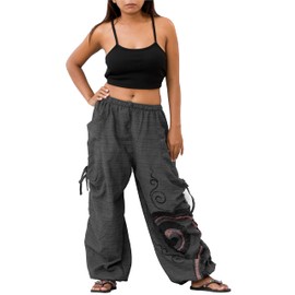 Thaluta Women's Harem Cotton Pants Loose Fit Yoga Spiral Print Pants with Pockets (Ash Black)