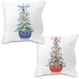 Nvotell Chinoiserie Christmas Tree Pillow Cover - Blue and White Christmas Pillow Covers 18x18 Set of 2, Coquette Red Blue Christmas Tree Decorations, Chinoiserie Christmas Ornaments