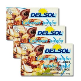 Del Sol Jumbo Squid in Garlic Sauce - Calamari Jumbo Al Ajillo - Gift Pack of 3, 4 oz. Tins