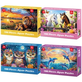 4-Pack Puzzles for Kids Ages 6-8 8-10 Year Old - Lions Horses Owls Dolphins, Large Piece Puzzles for Seniors, 100 Pieces Jigsaw Puzzles for Kids Ages 4-6, Learning Educational Toys for Boys and Girls