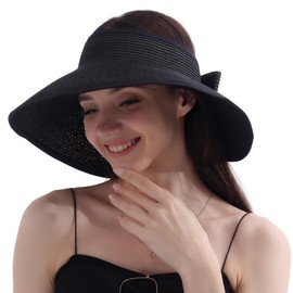 Wide Brim Straw Bowknot Black Sun Hats for Women Summer Beach Vacation Essential Foldable & Packable Gardening Hat with Ponytail Design Perfect for Travel.