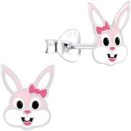 miimago Rabbit Children's Earrings Silver 925 Girls Stud Earrings - Bunny Earrings for Children - 8 mm Pink White, Sterling Silver