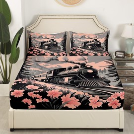 Homemissing Train Fitted Sheet Single Size For Kids Girls Boys Teens Floral Print Bedding Set 60S 70S Bed Sheet Set Flowers Pattern Botanical Blossom Bed Sheet with 1 Pillowcase，No Flat Sheet