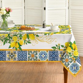 Horaldaily Summer Tablecloth 60×60 Inch Rectangular, White Yellow Lemon Vintage Pattern Washable Table Cover for Party Picnic Dinner Decor
