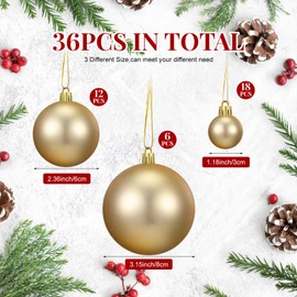 Hollowfly 36 Pieces Multiple Sizes Christmas Ball Ornaments Xmas Tree Balls Colorful Christmas Tree Ornaments Plastic Hanging Ornaments 3 Different Sizes for Party, Wedding, Home Decor(Gold)