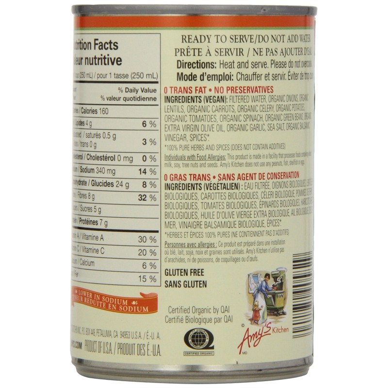 Amy'S Kitchen Organic Light In Sodium Lentil Vegetable Soup, 398