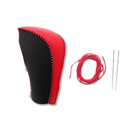 SUNBREATH Compatible with DIY Genuine Leather Gear Shift Knob Cover Interior Protective Cover for Honda 9th Civic 2012 2013 2014 Black Red with Red Stitches