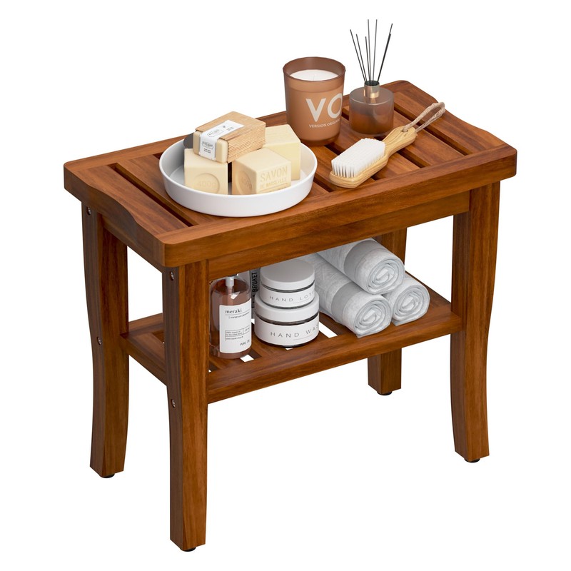 Teak Shower Bench Stool with Storage Shelf, Waterproof Shower Chair