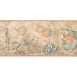 Concord Wallcoverings Prepasted Wallpaper Border Aquatic Fish Seahorse Corals Ocean Sea Marine, Colors Blue Orange Beige, Size 8 Inch by 15 Ft KT8435B