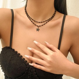 Clataly Gothic Black Star Necklace Dark Multilayer Cross Choker Necklace Jewellery for Women and Girls (Necklace D)