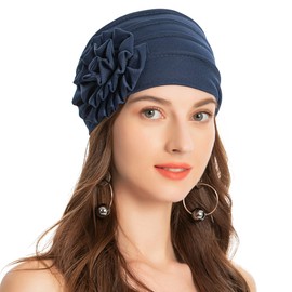 ZLYC Women's Beanie Hat with Flowers Elastic Chemo Hat, Flowers navy, Einheitsgröße