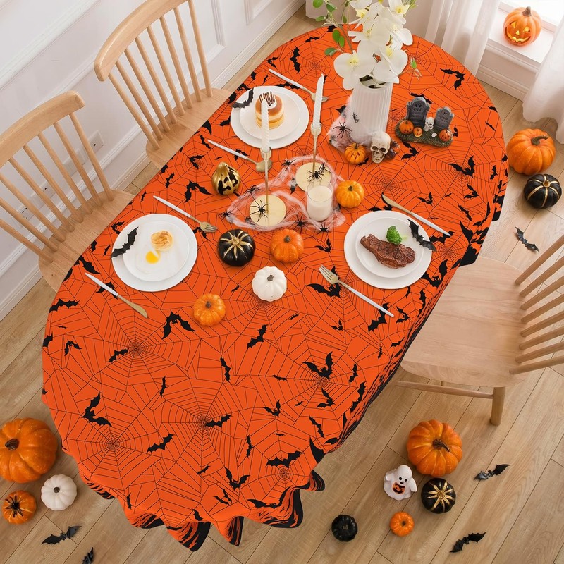 Orange Halloween Tablecloth Oval 60 x 84 Inch, Halloween Table