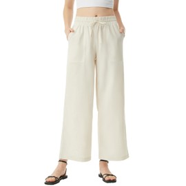 AFITNE Women's Wide Leg Linen Palazzo Pants Summer Casual Lounge Flowy Loose Capri Pants High Waisted Beach Trendy Trousers Cropped Boho Ankle Pants with Drawstring 2024 Spring Beige M 28"