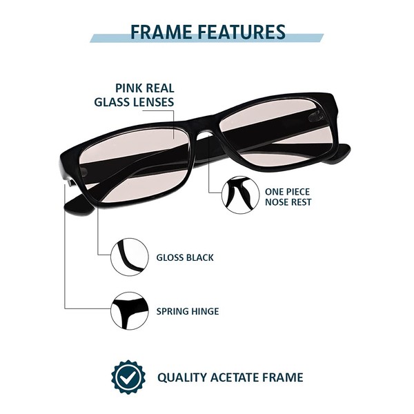 Gafas de lectura de cristal real con lentes de cristal de color rosa en marco estilo geek disponibles en aumento de lectura +0,25 a +3,00, Negro, L