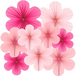 9 Pcs Paper Decorations Paper Flowers Fans Decorations Hanging Flowers Backdrop Pink Party Decor Hanging for Birthdays Weddings Baby Shower Spring Tea Party Table Decoration
