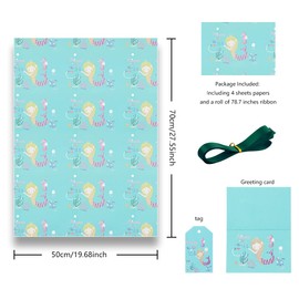 Princess of the Sea Little Mermazing Mermaid Wrapping Paper in Robin Egg Blue Color Set of 4 Sheets 15 sq. ft. With Emerald Green Ribbon and Gift Tag and Greeting Cards, For Girls Kids Baby Women Gift