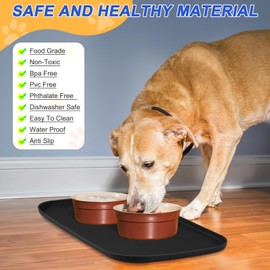 SMILOOL Silicone Pet Feeding Mat with Raised Edge, Dog Cat Bowl Mats for Food and Water, Pet Placemat for Floors Waterproof, 22” x 14” x 0.8” Black