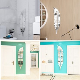 Bixzegg 2 Pcs 3D Acrylic Mirror Wall Decor Stickers, Silver Feather Shaped Set DIY Self-Adhesive Wall Art Decals, Home Decorations for Home Living Room Bedroom Bathroom (12 x 49 Inches)