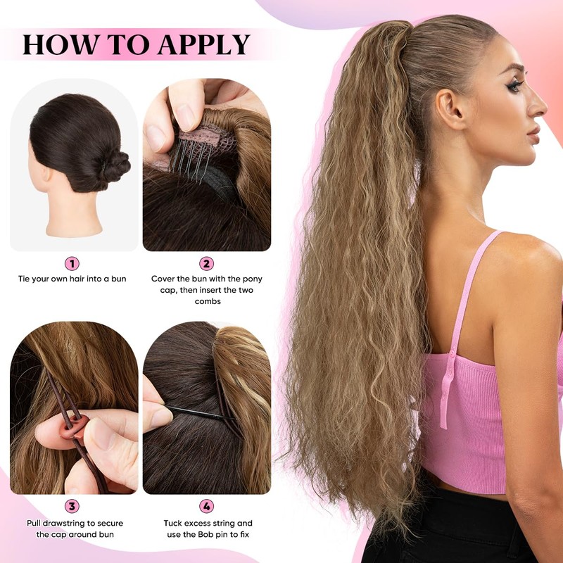 YUMOREAL Drawstring Ponytail Extension 26inch Long Fluffy Wavy Hairpiece for