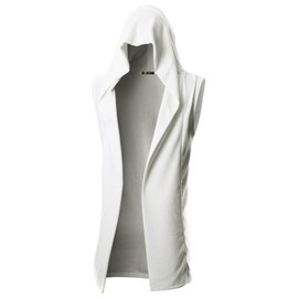 GIVON Mens Sleeveless Hooded Cardigan Lightweight Ruffle Shawl Collar Long Vest Sweater with Hood / DCC046-WHITE-S