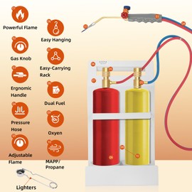 Update Oxygen MAPP Torch Kit, Dual gauge design, With portable cylinder metal stand and lighter, for Heating, Soldering, Glass Blowing, Oxypropane Welding Gas Cutting Torch Kit