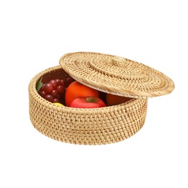 IGNPION Rattan Storage Basket with lid Table Decorative Wicker Storage Baskets for Shelf &Desktop Woven Kitchen Fruit Bread Basket Egg Holder Bowl(26x11cm)