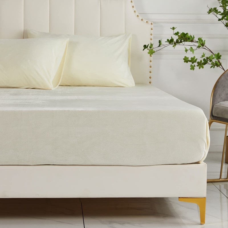 Cream Crystal Velvet Fitted Sheet Queen Only with 16" Elastic