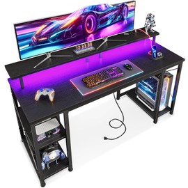 ODK 55 Inches Gaming Desk with LED Lights, Computer Desk with Monitor Stand, Pc Table with CPU Stand, Black