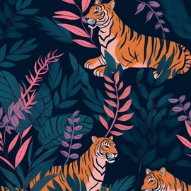 Fvlow Tiger Wallpaper Peel and Stick Vintage Blue Tiger Floral Contact Paper Retro Flower Wall Wallpaper Waterproof Self-Adhesive Wall Covering for Bedroom Countertop Desk Cabinet 17.4" x 118"