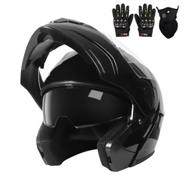 Adult Modular Motorcycle Helmets, DOT Approved Flip up Dual Visor Full Face Helmet for Men Women Moto ATV UTV Snowmobile ADV Four Wheeler Street Bike with Gloves & Mask (Shiny Black, S)