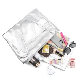 Silver Tote Bag for Women Work Purses for Women with Zipper Vegan Leather Ladies Shoulder Purse and Handbags