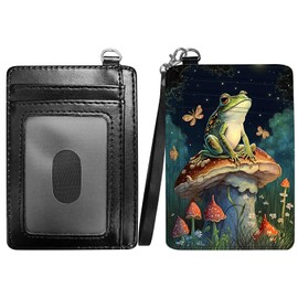 RWUTYTIUL Mushroom Frog Slim Minimalist Wallet with Lanyard Strap, PU Leather Front Pocket Wallet RFID Blocking Credit Card Holder Card Cases with ID Window for Man Woman Boy Girl