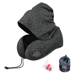 Travel Pillow with Extra Large Hood for Airplane Skin-Friendly Cover with Magnetic Fabric Memory Foam Head&Neck Support for Long Flights Privacy and Comfort Plane Office Cars Sleeping & Rest (Grey)