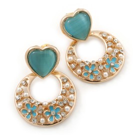Light Blue Heart & Flower Crystal Hoop Earring/Gold Tone/ 30mm L