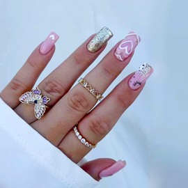 Pink Press on Nails Short Square Love Heart Fake Nails with Nail Foil Glitter Design Glue on Nails Full Cover Exquisite Acrylic Nails Artificial Coffin Valentine's Day False Nails for Women 24Pcs