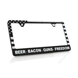American Flag License Plate Frame Beer Bacon Guns and Freedom UV Printed Plastic Standard US & Canada Size. Qty 1