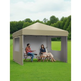 KYBOLT 10x10 Ft Pop Up Canopy Tent Easy One Person Set-up, Instant Portable Shelter with 3Pcs Sidewalls 4 Sandbags for Patio, Outdoor Activities (Khaki)
