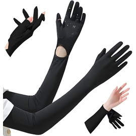 HUAFIY Women's Arm Cover, UV Protection, Cooling Sensation, Long, Full Coverage to Fingertips, Flip Feature, Sunscreen, UPF 50+, Sweat Absorbent, Quick Drying, UV Protection, Sports/Driving/Cycling, Unisex (Black)