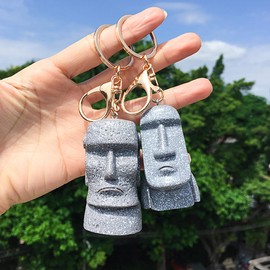 2PCS Easter Island Figurine Keychains, Moai Statue Sculpture Keyring Pendant for Bag Backpack Car Key