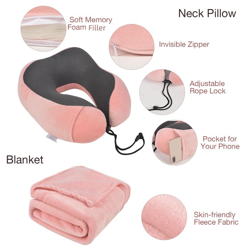 Travel Pillow and Blanket Set & Foot Rest, Memory Foam