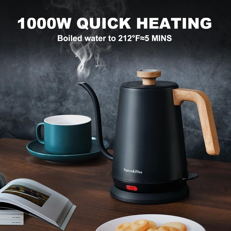 Nueve&Five Gooseneck Electric Kettle with Thermometer， Black Electric Kettle 1L