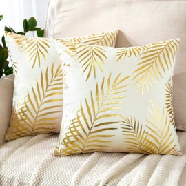 JOTOM Set of 2 Cushion Covers Decor Velvet Throw Pillow Covers Gold Leaves Decorative Pillow Cases Bronzing Flannelette Cushion Cover for Couch Bedroom Sofa Car Home Living Room Decor 45x45cm (Cream)
