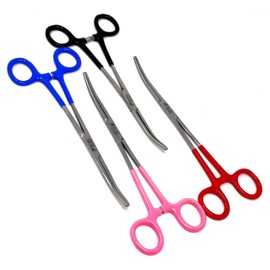 Set of 4 Assorted Color PVC Grip Handle German Stainless Curved Hemostat Forceps Pliers Full Serrated 8"